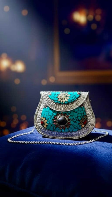 Turquoise Women Silver Plated mosaic Work Clutch