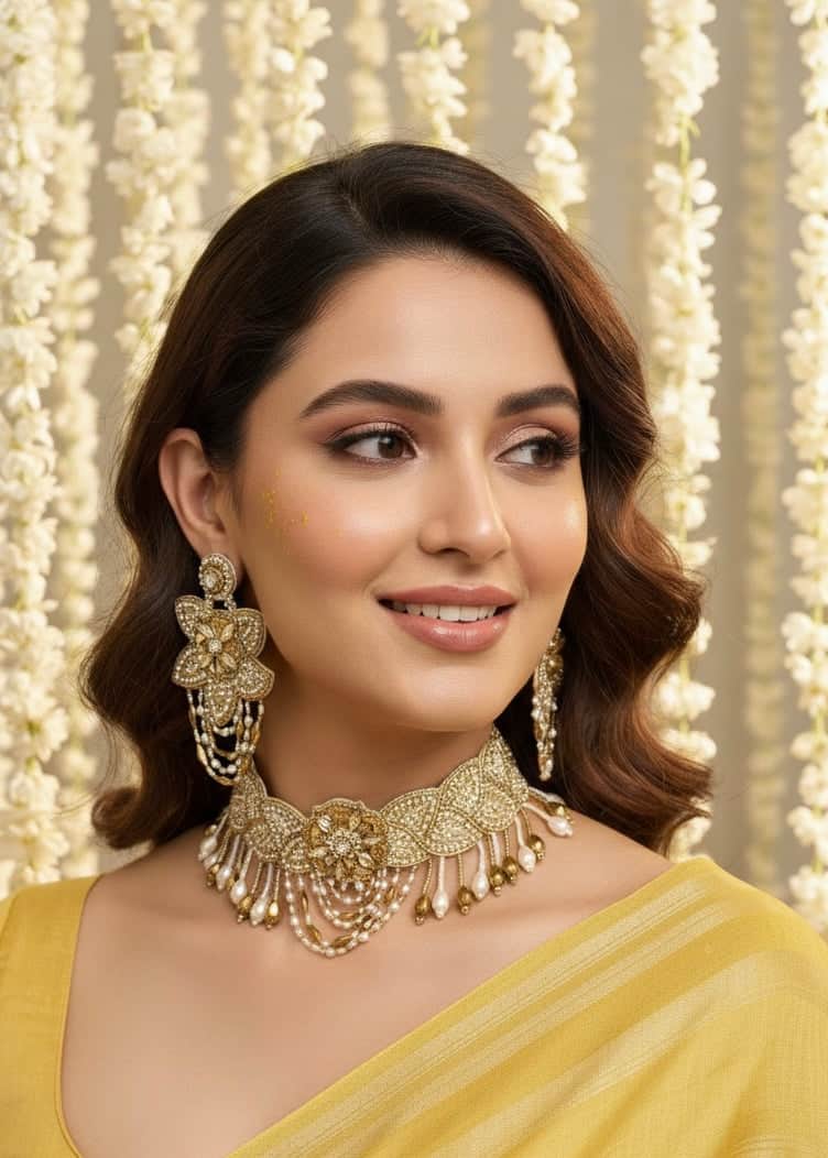 Aurelia Bloom - Handcrafted Beaded Gold and Off White Floral Choker Jewellery Set