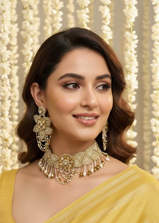 Aurelia Bloom - Handcrafted Beaded Gold and Off White Floral Choker Jewellery Set