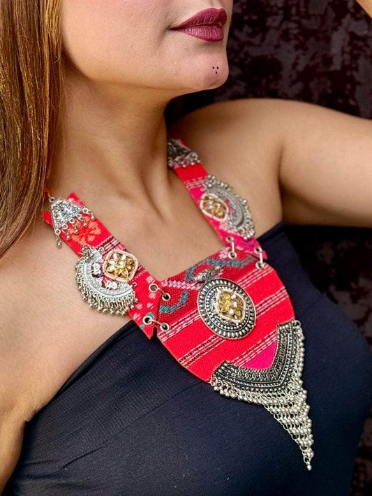 Pink Color Navratri Special Hand Crafted Fabric Afghan Necklace