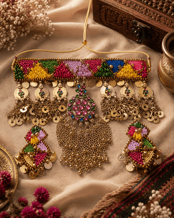 Mehru  : Boho Handcrafted Beaded & Coins Studded With Resham Thread Work Detailing Tesselled Afghan Jewellery Set