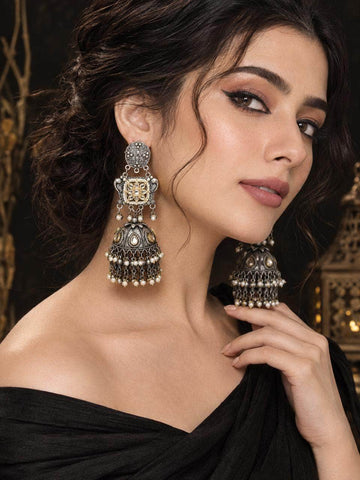 Navratri Special Boho Banjara Oxidised Silver Plated Handcrafted Chandelier Jhumkas