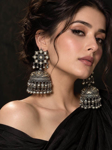 Navratri Special Boho Banjara Oxidised Silver Plated Handcrafted Chandelier Jhumkas