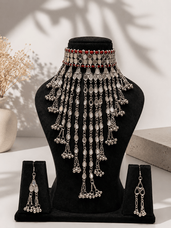 Veronica Oxidised Silver-Plated Mirror Studded Tesselled Chokar Jewellery Set