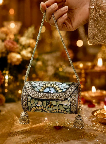 Women Silver Plated Mosaic Work With Jhumki & Handle Detailing Clutch