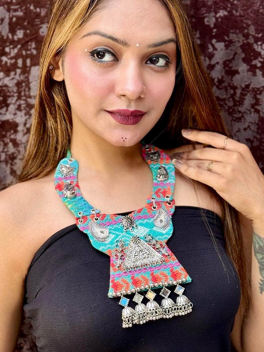 Turquoise Color Mirrors Studded Hand Crafted Fabric Afghan Necklace