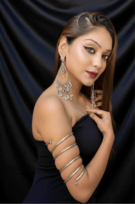Navratri Special Antique Oxidised Mirror Studded Earrings and Spiral Brass Bajuband Cum Bracelet