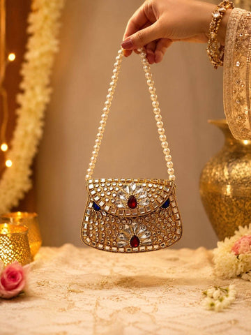 Regal Pearl Handle Kundan Studded Statement Clutch