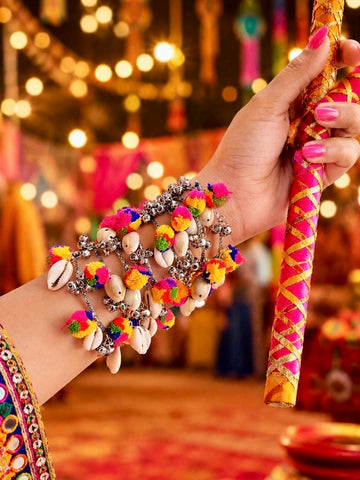 Jhankaar Boho Cowri & Pompom Studded Ghungroo Silver Adjustable Bangles Stack - 4 PCS Set