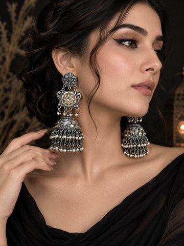 Navratri Special Boho Banjara Oxidised Silver Plated Handcrafted Chandelier Jhumkas