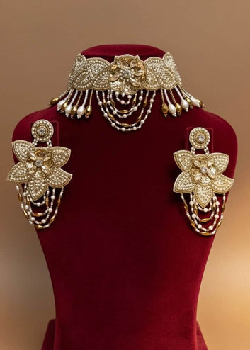 Aurelia Bloom - Handcrafted Beaded Gold and Off White Floral Choker Jewellery Set