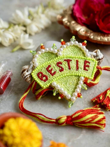 Handcrafted Bestie Sister Pearl Studded Multi Strand Rakhi with Roli-Chawal