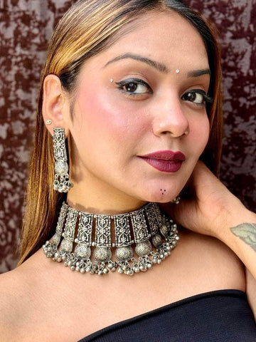Navratri Special Oxidised Silver-Plated Tribal Filligree Temple Handcrafted Jewellery Set