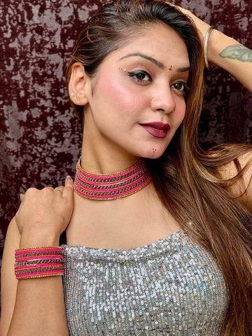 Pink Handcrafted Beaded Chokar & Bracelet Jewellery Set