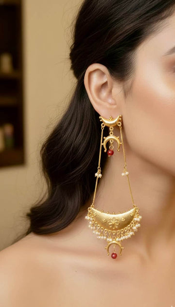 Red Color Kashmiri Gold Plated Pearl Studded Brass Earrings
