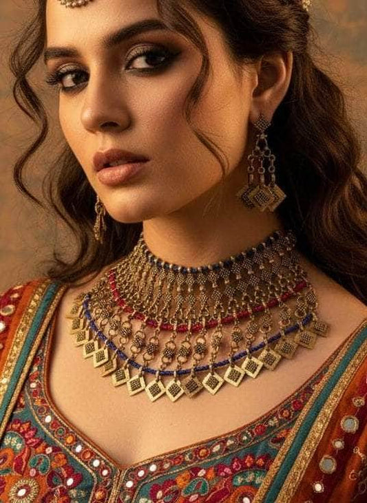 Gauri Navratri Special Multi Colored Handcrafted Beaded Oxidised Gold Plated Jewellery Set