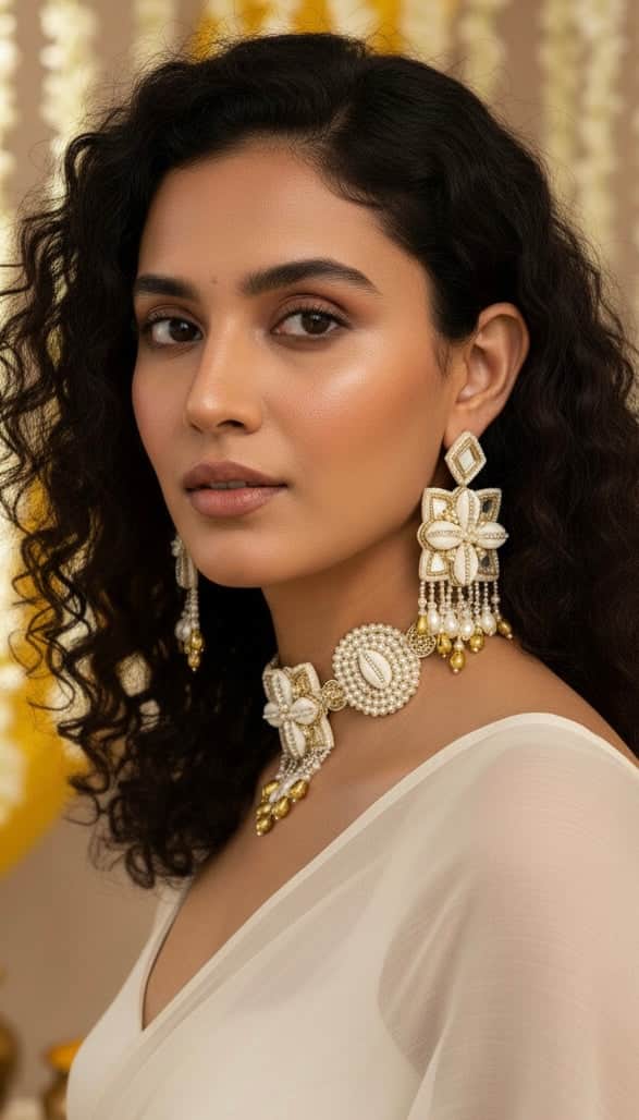 Aabroo – Cowri Studded Handcrafted Pearl & Mirror Choker Jewellery Set