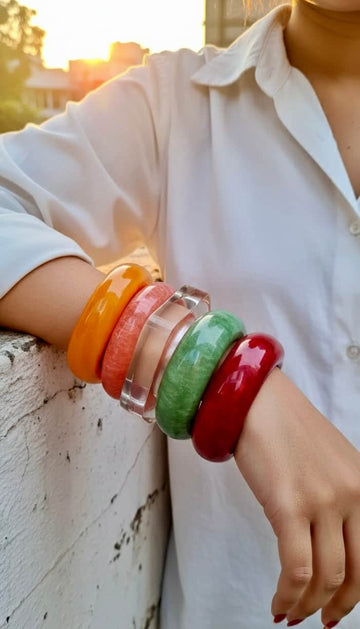 Sofia Handcrafted Color Pop & Crystal Clear Transparent Resin Bangles Stack - 5 PCS Set