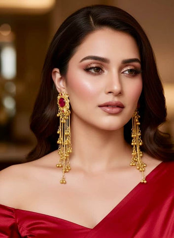 Rani Color Kashmiri Gold Plated Stone Studded  Brass Earrings