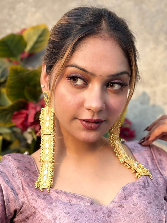 Kashmiri Gold Plated Mirror Studded Long Earrings
