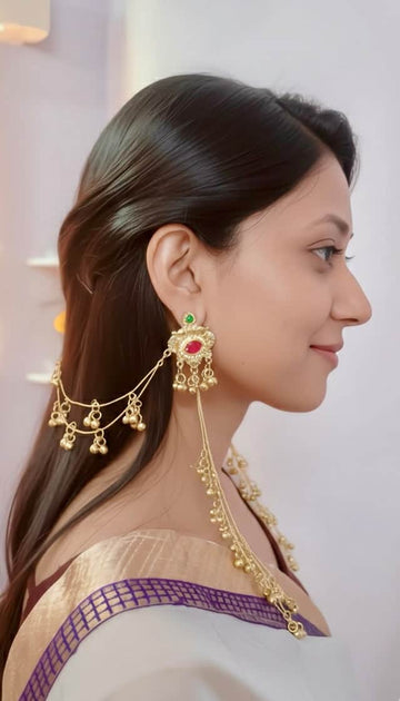 Rani & Green Kashmiri Gold Plated Brass Earrings With Kanchain