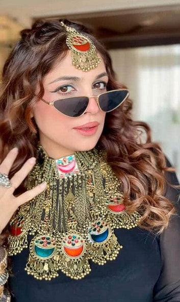 Kiara Meenakari Work Afghan Tribal Design Oxidised Gold Plated Handcrafted Necklace With Maangtika