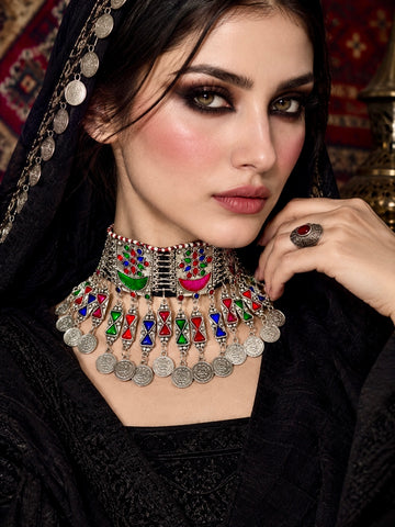 Pakiza Multi Color Meenakari Handcrafted Oxidised Silver Plated Afghan Jewellery Set