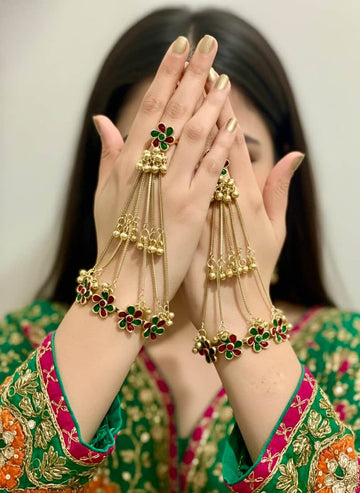 Multi Color Stone Studded Ghungroo Brass Hathphool – Statement Hand Jewellery