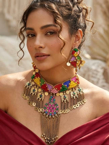 Mehru  : Boho Handcrafted Beaded & Coins Studded With Resham Thread Work Detailing Tesselled Afghan Jewellery Set