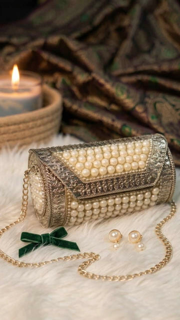 Silver Pearl Studded Statement Clutch