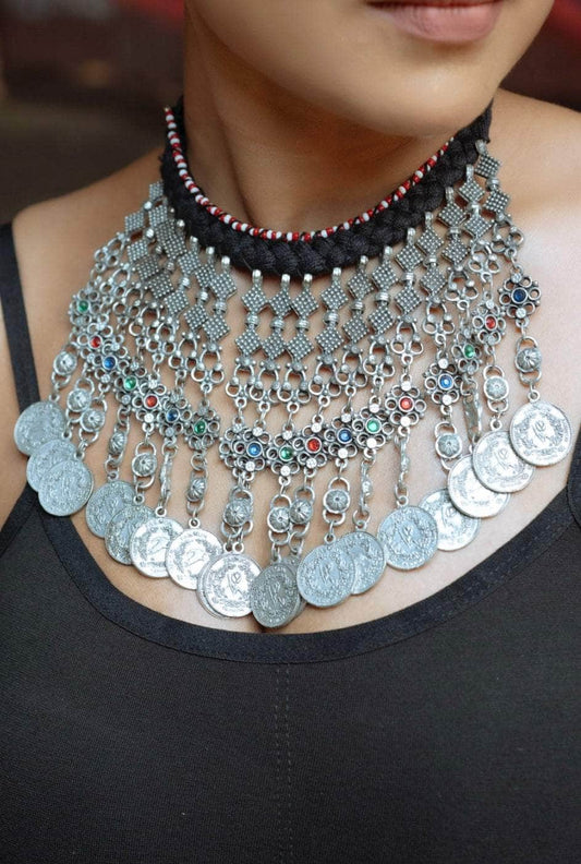 Shakti - Navratri Special Multi Tasselled Oxidised Afghan Choker Necklace