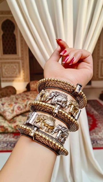 Durga Dual Toned Handcrafted stack - 5 PCS german silver kada set