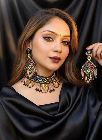 Midnight Beauty Multi Color Handcrafted Beaded Mirror Necklace Set