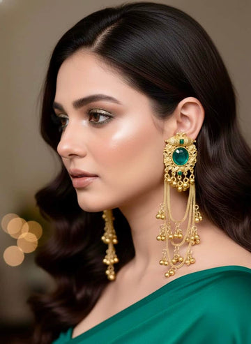 Green Color Kashmiri Gold Plated Stone Studded  Brass Earrings