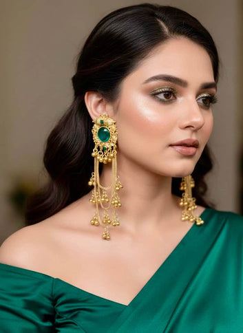 Green Color Kashmiri Gold Plated Stone Studded  Brass Earrings