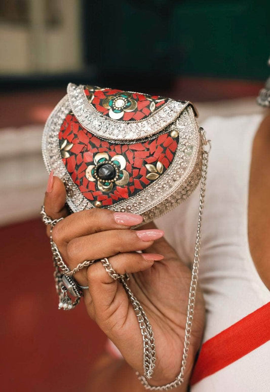 Women Silver Plated Heart Shape mosaic Work Clutch