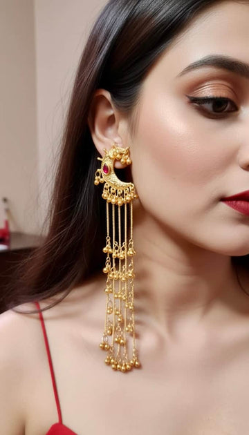 Rani Color Kashmiri Gold Plated Stone Studded Chand  Brass Earrings
