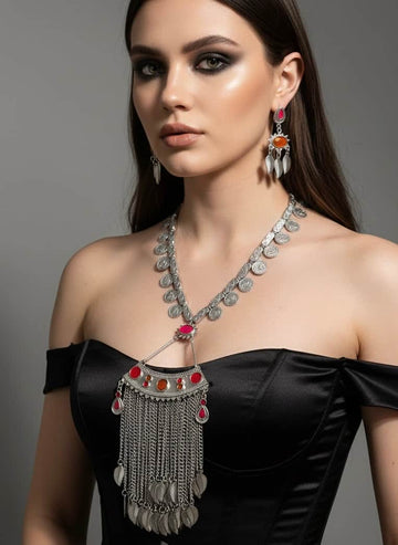 Rajsi Cascade Coin Studded Silver Oxidised Jewellery Set