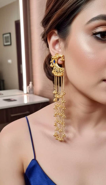 Blue Color Kashmiri Gold Plated Stone Studded Chand  Brass Earrings