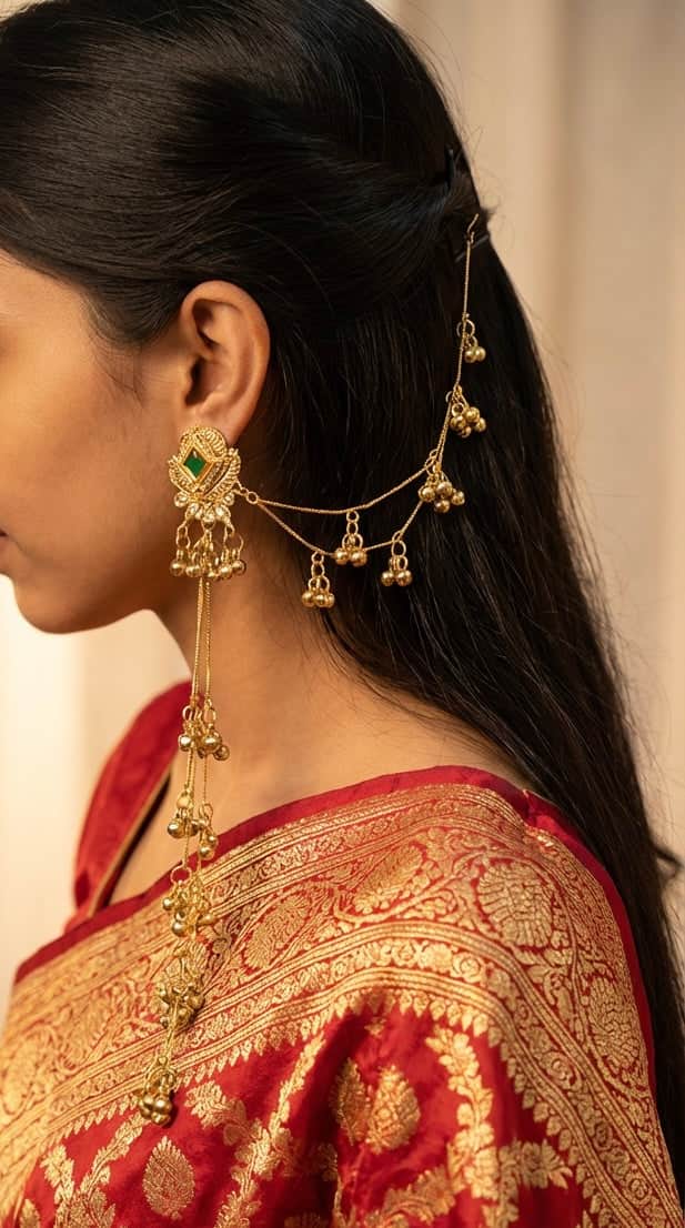 Kashmiri Gold Plated Brass Earrings With Kanchain