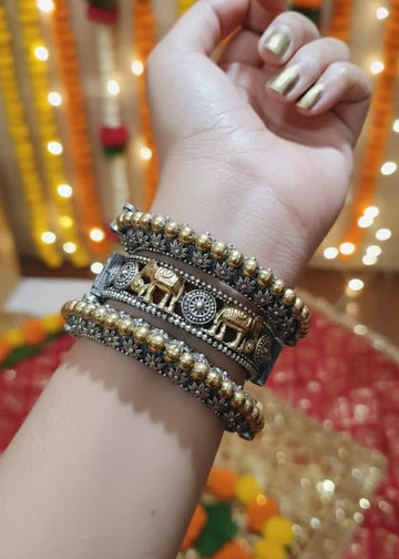 Durga Dual Toned Handcrafted stack - 3 PCS german silver kada set