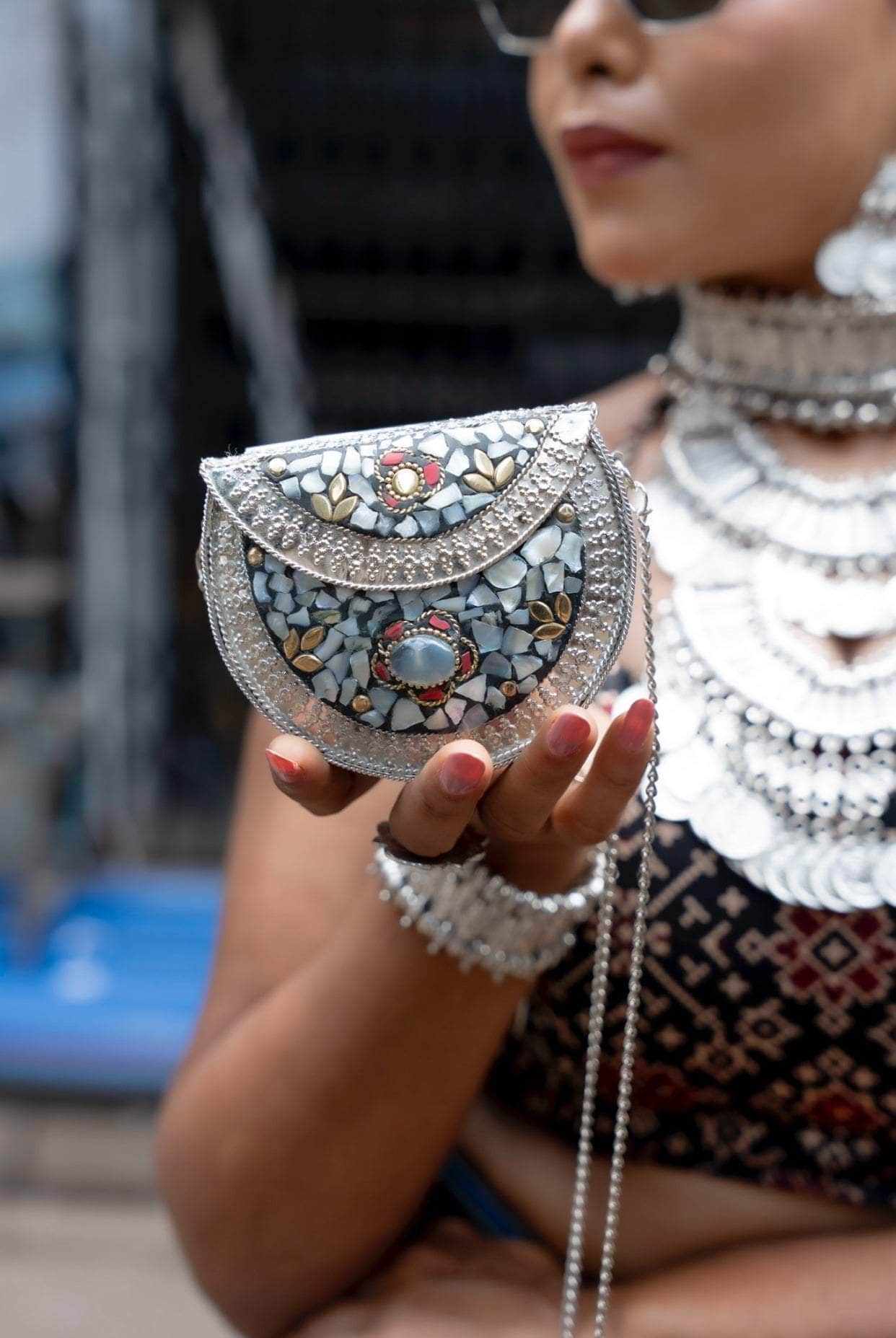 Women Silver Plated Mosaic Work Clutch