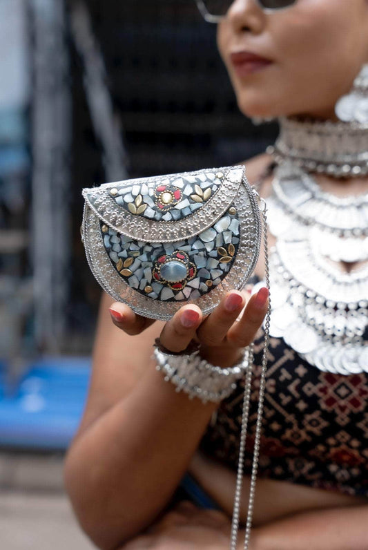 Women Silver Plated Mosaic Work Clutch