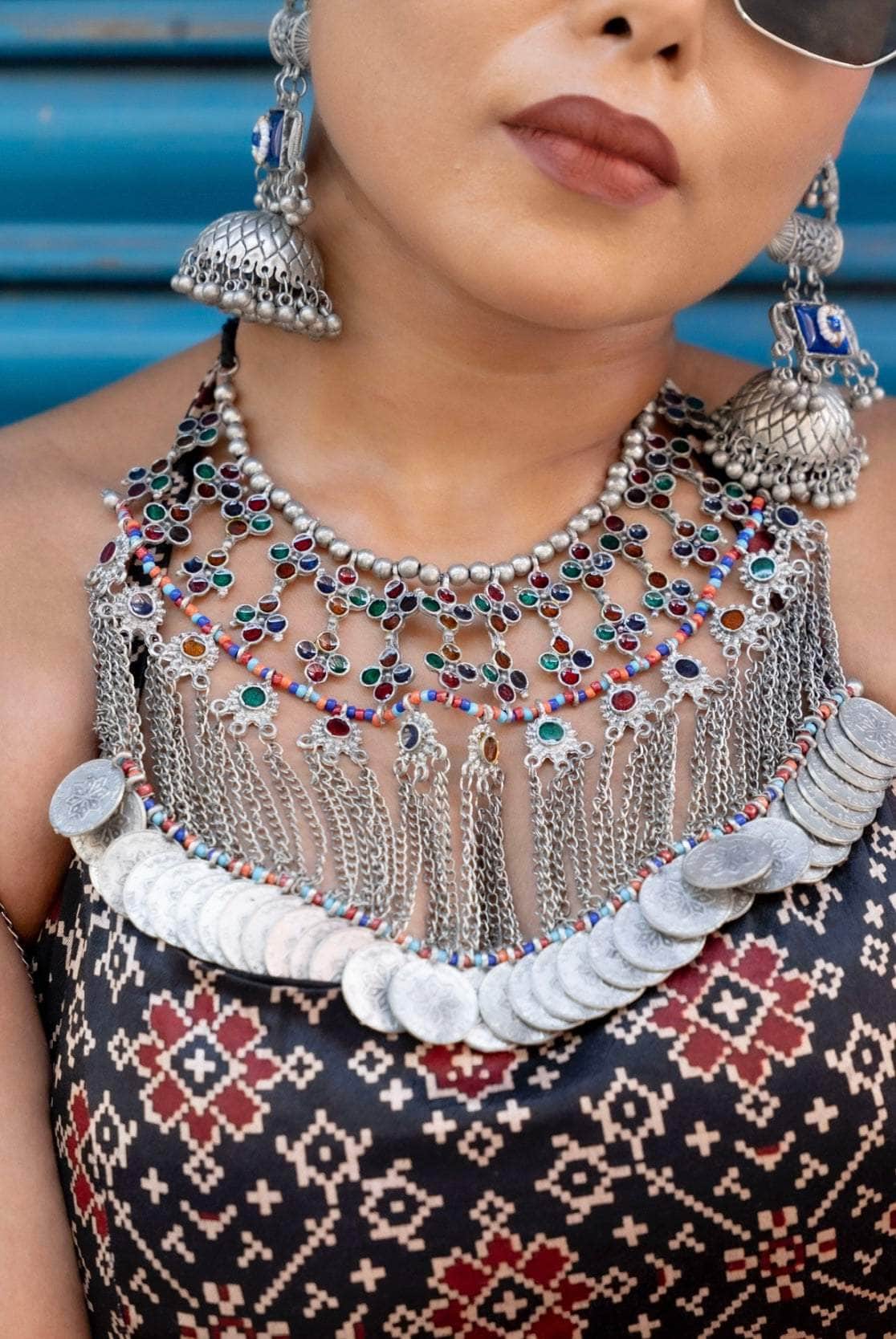 Navratri Special Multi Colored Handcrafted Meenakari Oxidised Coin Choker With Jhumki Jewellery Set