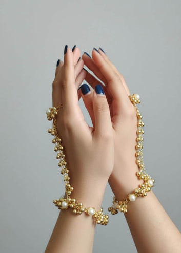 Pearl Studded Lotus Ghungroo Single Line Hathphool – Statement Hand Jewellery