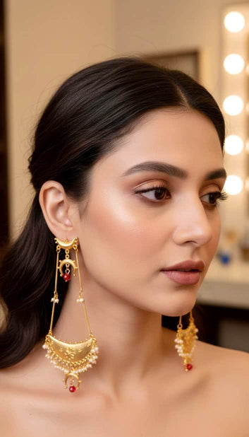 Red Color Kashmiri Gold Plated Pearl Studded Brass Earrings