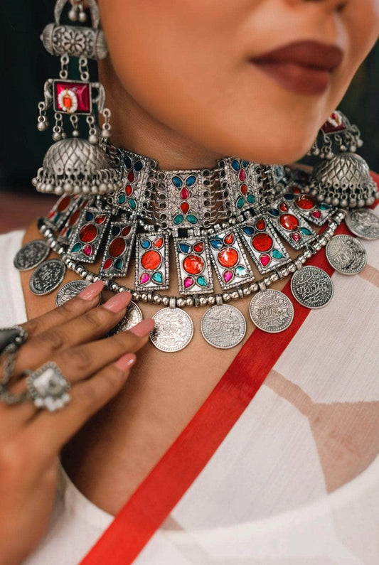 Navratri Special Multi Colored Handcrafted Meenakari Oxidised Coin Choker With Jhumki Jewellery Set