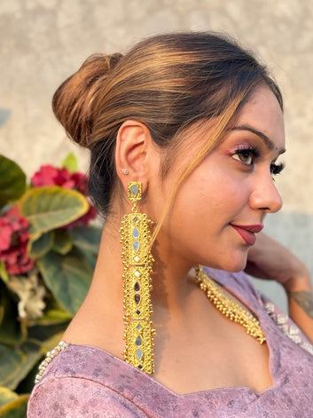 Kashmiri Gold Plated Mirror Studded Long Earrings