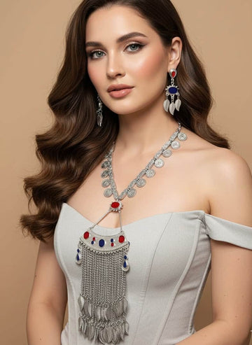 Rajsi Cascade Coin Studded Silver Oxidised Jewellery Set