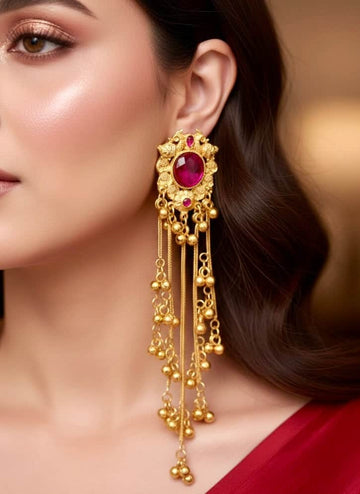 Rani Color Kashmiri Gold Plated Stone Studded  Brass Earrings